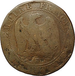 Монета 5 сантимов 1855 Франция
