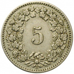 Монета 5 раппенов 1904 Швейцария