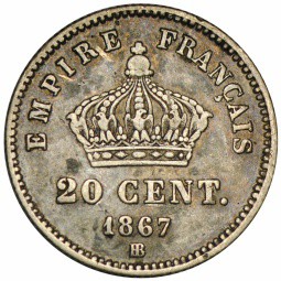 Монета 20 сантимов 1867 Франция