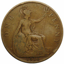 Монета 1 пенни 1916 Великобритания