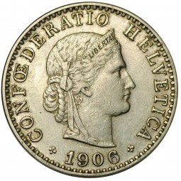 Монета 20 раппен 1906 Швейцария