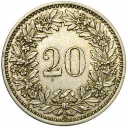 Монета 20 раппен 1906 Швейцария