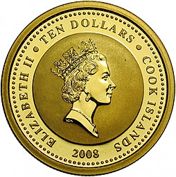 Монета 10 долларов 2008 Лебеди Любовь бесценна Острова Кука
