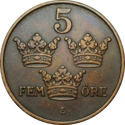 Монета 5 эре 1909 Швеция Крест меньше