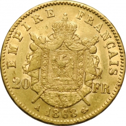 Монета 20 франков 1868 А Франция