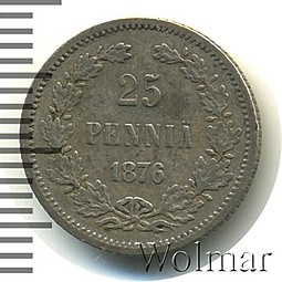 Монета 25 пенни 1876 S Для Финляндии