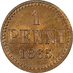 Монета 1 пенни 1865 Для Финляндии