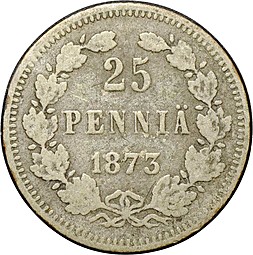 Монета 25 пенни 1873 S Для Финляндии