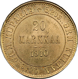 Монета 20 марок 1910 L Русская Финляндия