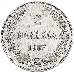 Монета 2 марки 1907 L Для Финляндии