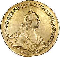 Монета 10 рублей 1762 ММД Екатерины 2