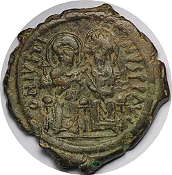 Монета Фоллис 569 Византия Юстин II, 5 год правления