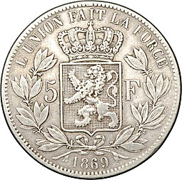 Монета 5 франков 1869 Бельгия