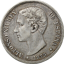 Монета 5 песет 1875 Испания
