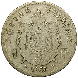 Монета 1 франк 1866 BB Франция