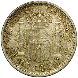 Монета 50 центов 1904 Испания
