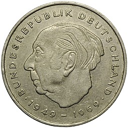 Монета 2 марки 1970 Теодор Хойс Германия ФРГ