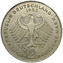 Монета 2 марки 1983 Конрад Аденауэр Германия ФРГ