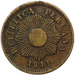 Монета 1 сентаво 1941 Перу