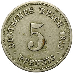 Монета 5 пфеннингов 1910 Германия