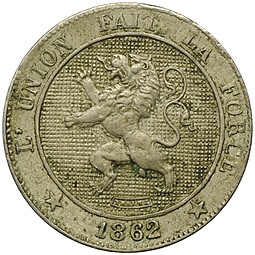 Монета 5 сантимов 1862 Бельгия