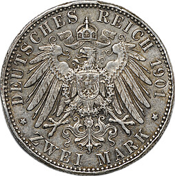 Монета 2 марки 1901 200 лет династии Пруссия Германия