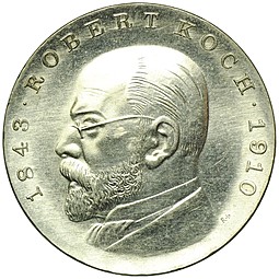 Монета 5 марок 1968 Роберт Кох Германия ГДР