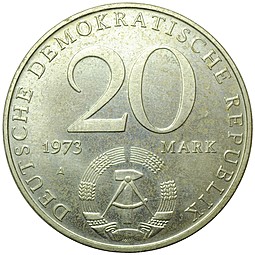 Монета 20 марок 1973 Отто Гротеволь Германия ГДР