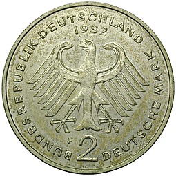 Монета 2 марки 1982 F Курт Шумахер Германия ФРГ