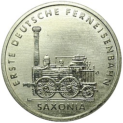 Монета 5 марок 1988 Паровоз Саксония Германия ГДР