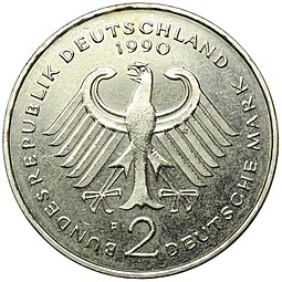 Монета 2 марки 1990 Франц Йозеф Штраус Германия ФРГ