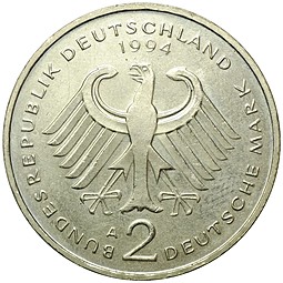 Монета 2 марки 1994 A Людвиг Эрхард Германия ФРГ