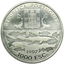 Монета 1000 эскудо 1997 100 лет океанографическим экспедициям Португалия