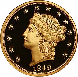Монета 20 долларов 1849 рестрайк (Pattern Double Eagle Smithsonian Collection)