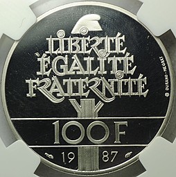 Монета 100 франков 1987 Генерал Лафайет платина Франция