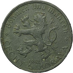 Монета 20 геллеров 1942 Богемия и Моравия немецкая оккупация Чехословакия