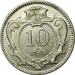 Монета 10 геллеров 1908 Австро-Венгрия