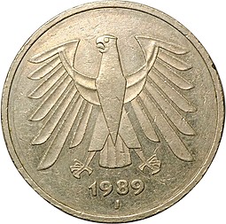 Монета 5 марок 1989 J ФРГ Германия