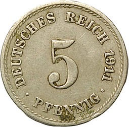Монета 5 пфеннингов 1911 A Германия