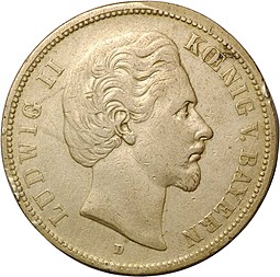 Монета 5 марок 1874 D Германия Бавария