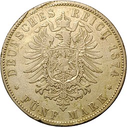 Монета 5 марок 1874 D Германия Бавария