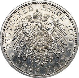 Монета 5 марок 1901 200 лет династии 1701 Германия Пруссия