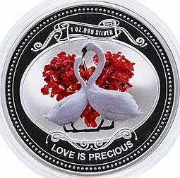 Монета 2 доллара 2010 Любовь драгоценна Лебеди Остров Ниуэ