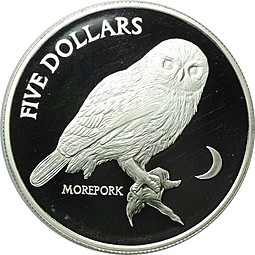 Монета 5 долларов 1999 Новозеландская сова серебро Новая Зеландия