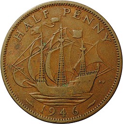 Монета 1/2 пенни 1946 Великобритания