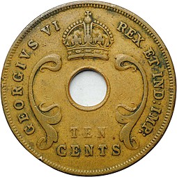 Монета 10 центов 1942 Британская Восточная Африка