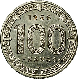Монета 100 франков 1966 Экваториальная Африка