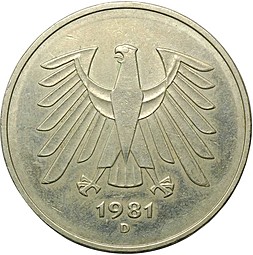 Монета 5 марок 1981 D ФРГ Германия