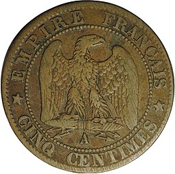 Монета 5 сантимов 1863 А Франция