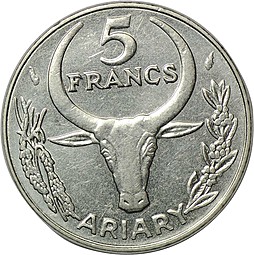 Монета 5 франков 1977 Мадагаскар